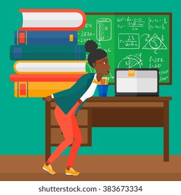 Woman with pile of books.