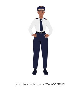 Mulher piloto de uniforme voador. Ilustração de caractere de vetor plano