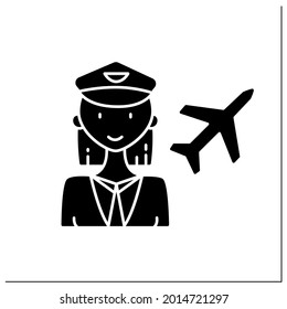 Woman pilot glyph icon. Female pilot. Person piloting plane. Successful strong woman concept. Filled flat sign. Isolated silhouette vector illustration