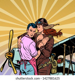 woman pilot says goodbye to a man, a couple in love with a retro plane. Pop art retro vector illustration vintage kitsch