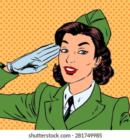  Woman Pilot Stewardess Shape Salutes Art Comics Retro Style Halftone. Imitation Of Old Illustrations