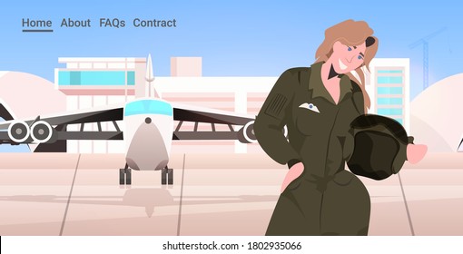 woman pilot in uniform standing near plane airport terminal aviation concept portrait horizontal copy space vector illustration