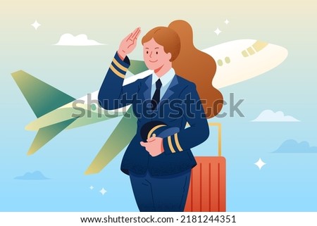 Woman pilot in uniform with suitcase and airplane flying in background. Flat vector illustration.