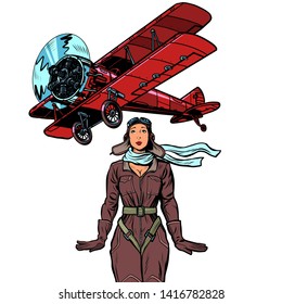 woman pilot of a vintage biplane airplane. isolate on white background. Pop art retro vector illustration vintage kitsch