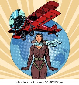 woman pilot of a vintage biplane airplane. Pop art retro vector illustration vintage kitsch