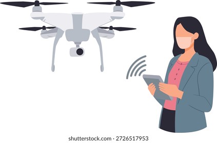 Woman piloting a drone with a remote controller. Flat vector illustration in trendy Corporate Memphis style with clean thick outlines and solid colors. Isolated on white background.