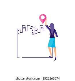 woman with pin pointer location and cityscape vector illustration design