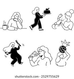 Woman with pineapple, lobster, slice of pizza, cake, cup of coffee. Set of black and white vector cartoon sketches in line art styl