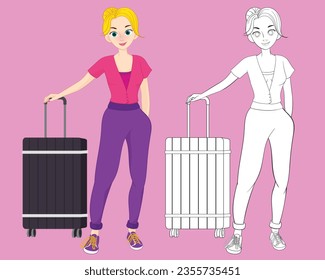 woman with pink baggage ready for summer holiday