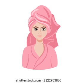 Woman In A Pink Bath Robe And Towel On Her Hair. Woman After Bath Vector Illustration.  