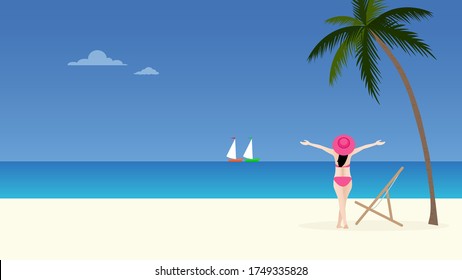 Woman in pink bikini happily standing on sunny beach background, Summer concept illustration vector 