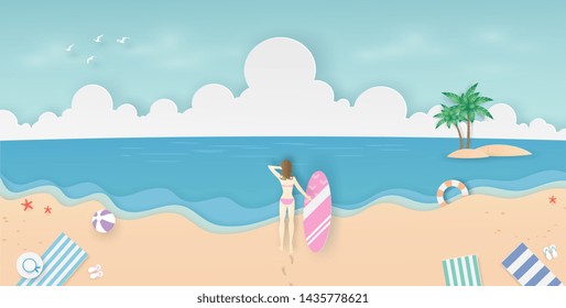 Woman in pink bikini set walking on the beach with surfboard in her hand looking to the blue sea, coconut tree, island, clouds, bird and sky in summer day. seascape view in vector paper art concept.