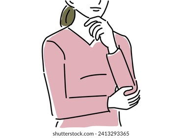 A woman in a pink blouse is worried