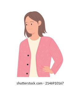 A woman in a pink cardigan puts her hands on her waist and poses with confidence. flat design style vector illustration.