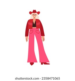 Woman in pink cowgirl costume. Beautiful girl wearing cowboy hat, jacket and boots. Vector flat character illustration