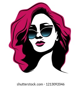 Woman with pink curly hair wearing butterfly sunglasses. Stylish portrait with pink lips and small birthmark. Vector illustration. Eps 10.