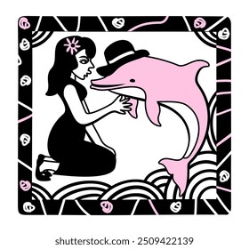 Mulher e golfinho rosa, personagem do folclore brasileiro. Ilustração vetorial em moldura decorativa.