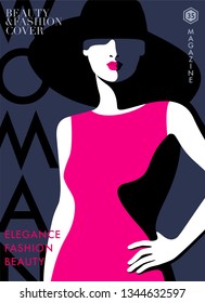 Woman in pink dress and big black hat. Fashion magazine cover design. Vector illustration