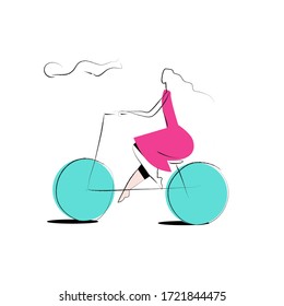 Woman in a pink dress driving the bicycle simple drawing on a white background. Mobile app or website header. Product category. Vector hand drawn character illustration in minimal style.