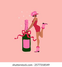 A woman in a pink dress holding a bottle of champagne in a cowboy hat and boots. Party time