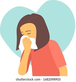 A woman in pink dress sneezing in handkerchief. Woman sneeze in flat design concept vector illustration on white background. Sick woman sneeze in side view. Season allergy.