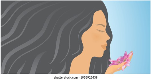 Woman with pink flowers in her hand. The flowers are derrivated from real photo to vector and works perfect even in real big prints. Vector illustration.