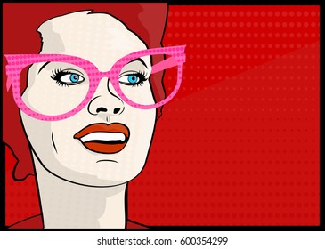 Woman in pink glasses. Flat vector.