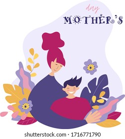 Woman with pink hair hugs her son with care and love, happy baby smiling. Flowers and leaves in the background. Mothers Day. Mothering Sunday. Vector flat illustration in modern style.