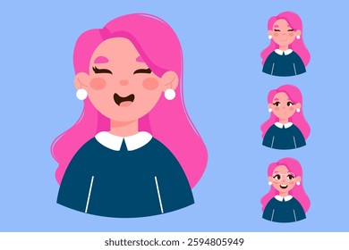 Woman with pink hair portrait avatar. Character with different emotions cartoon style 