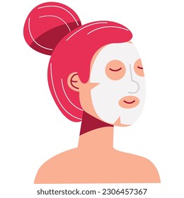 Woman with the pink hair and sheet mask. Daily activity routine. Skincare procedure, dermatology treatment, cosmetology product, clear face, skin beauty.