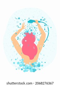 woman with pink hair sings in the shower. woman in the shower with watering can and foam bubbles.