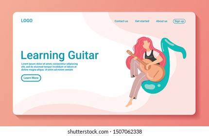 Woman with pink hair Sitting on note Playing Guitar. Coworking Center. Hobby Young People. Vector Illustration. Time Rest. Monitor Screen Website. Man Learn Play Guitar on pink Background