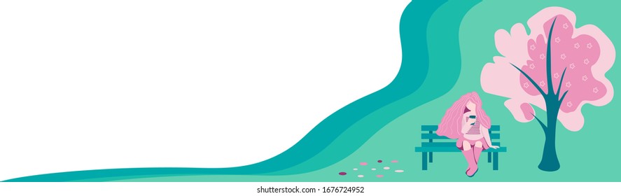 Woman with pink hair sitting  on wood  bench under blossom tree. Girl in skirt and rubber boots with cup of coffee walking in park. Speing vector of trendy colors. 