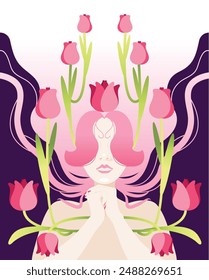 Woman with pink hair and pink tulips, flat flower, Colorful illustration 