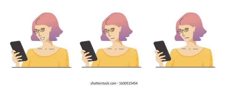 Woman with pink hair in yellow clothes and glasses. Girl with different expressions of emotion, smiling, sad with mobile phone. Female character holding in hand smartphone. Illustration in trendy flat