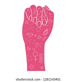 Frau rosa Hand mit ihrer Faust erhob sich. Handgezeichnete abstrakte doodle Symbole des Feminismus. Frauentag-Konzept. Symbol der feministischen Bewegung. Vektorgrafik.