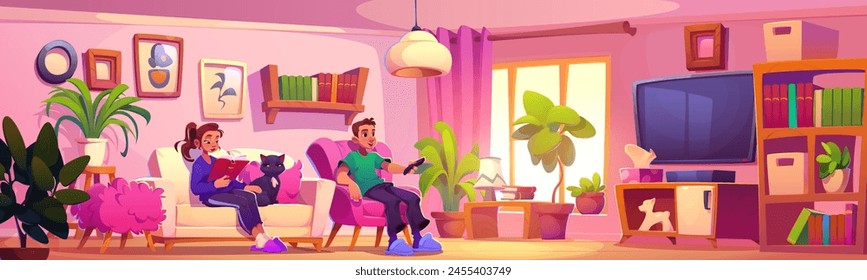 Woman in pink home living room interior with sofa. Cartoon cozy flat design with couch, tv, armchair and bookcase. House livingroom with man inside. Wood floor in apartment lounge graphic drawing