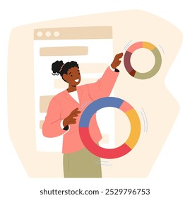 Woman In A Pink Jacket Interacts With Floating Pie Charts And Data Visualizations On A Digital Interface. Female Character Analyzes Data, Highlighting Concepts Of Business Intelligence, Data Analysis