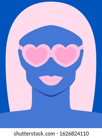 Woman with pink lips with glasses heart on a blue background. Flat design. Vector illustration