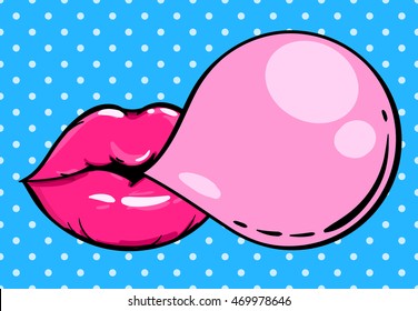 Woman pink lips with gum bubble on pop art background. Vector illustration