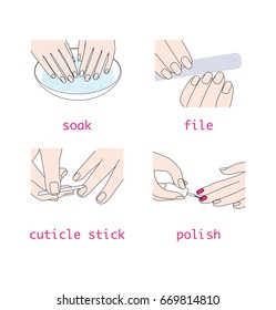 Woman pink manicure process set. Vector illustrations