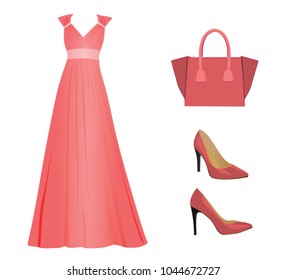 Woman pink outfit set, dress, handbag and shoes, vector