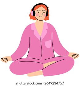 Woman in pink pajamas meditating with headphones on, listening to relaxing music. Calm and mindfulness concept.Flat cartoon style.