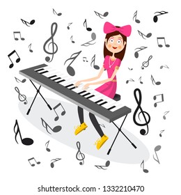 Woman in Pink Playing Electric Piano with Notes Vector Illustration. Jazz or Pop Music Cartoon with Happy Girl.