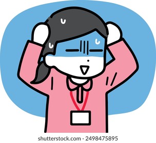 A woman in a pink polo shirt holding her head