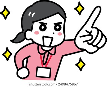 A woman in a pink polo shirt pointing vigorously