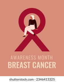 Woman with pink ribbon as Breast cancer awareness symbol. Poster of support and solidarity with females fighting oncological disease. Empty space for text. Vector illustration