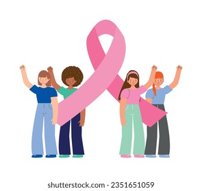 woman with pink ribbon. breast cancer awareness . vector illustration