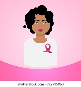 Woman With Pink Ribbon Breast Cancer Awareness Icon Concept Flat Vector Illustration