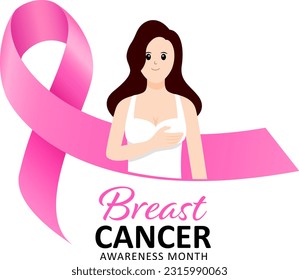 Woman and pink ribbon icon design. Breast cancer awareness month. Design for poster, banner, t-shirt. Vector illustration.